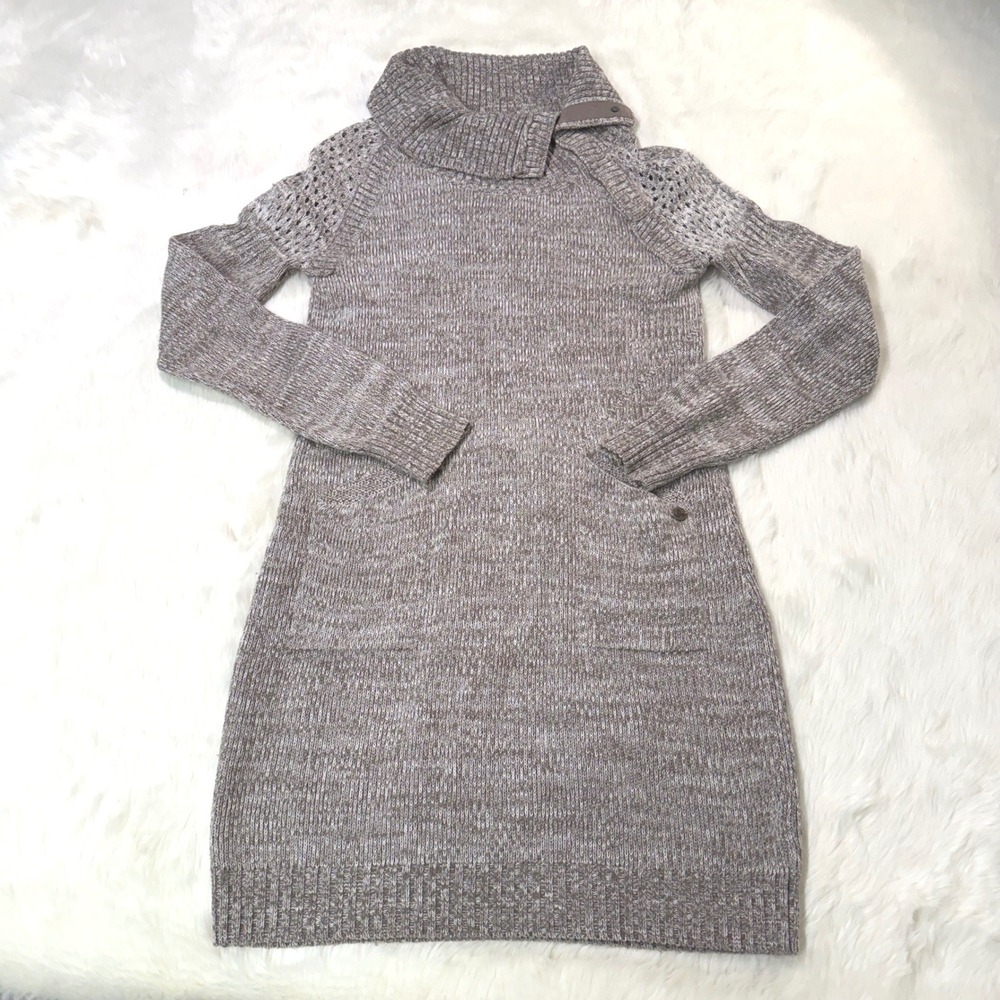 Prana Vtg Sweater Dress Womens Medium Tan Marled Knit Cowl Neck Granola Girl